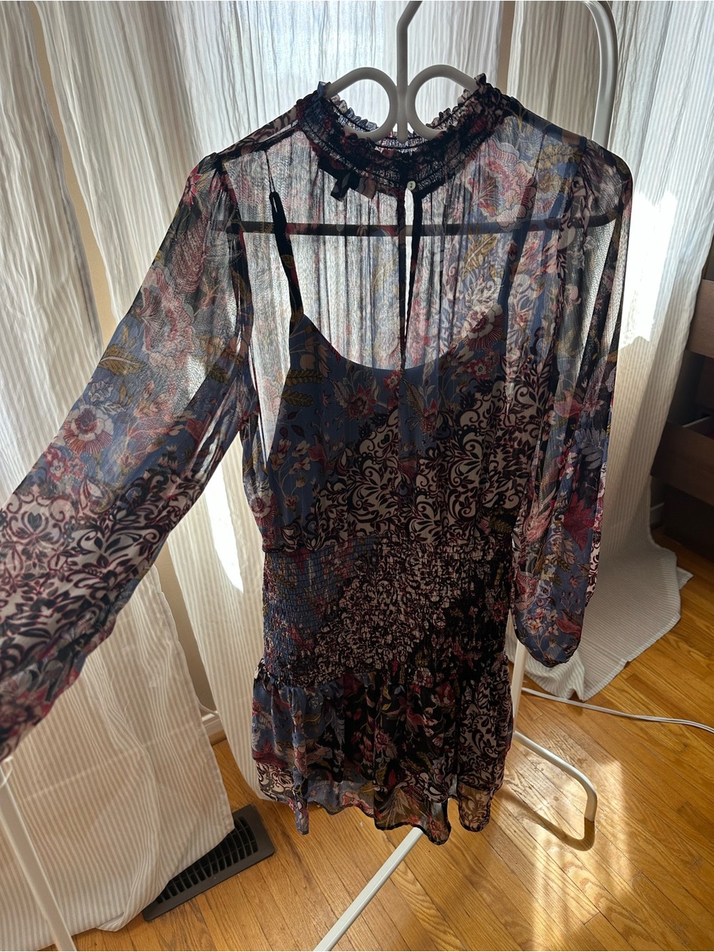 Floral Sheer Long-Sleeve Mini Dress in Navy and Black